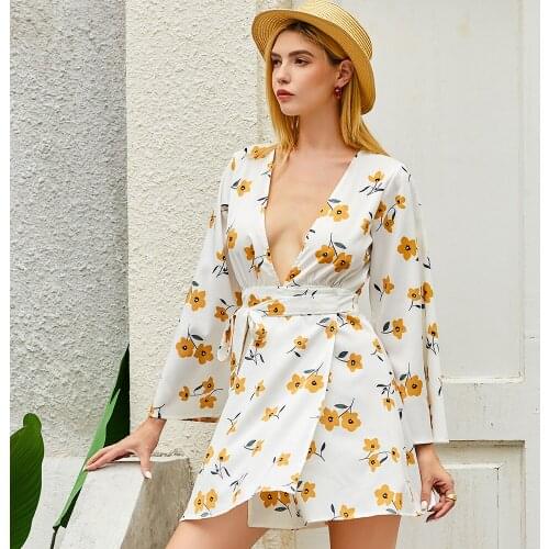 Deep V-Neck Long Sleeve Dress Women White Vintage Flowery Dress Summer Dress Woman 2020 Floral Midi Dress Flower Print Dresses