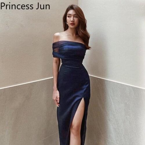 Women Strapless Sexy Slim Satin Split Dress Slash Neck Mesh Patchwork Blue Evening Party Dress Bodycon One Shoulder Club Dress