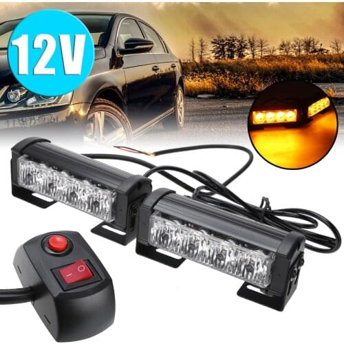 2Pcs 12V 4LED 4W Emergency Amber Warning Hazard Flash Strobe Grill Light Bar Signal Lights for Car Truck