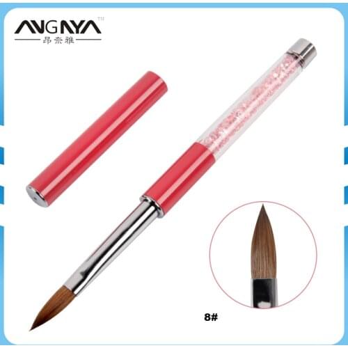 ANGNYA 1pcs 8#10#12# Kolinsky Hair Nail Brush Pink Rhinestones Handle Nail Art Acrylic Brush Pen for UV Gel Polish Manicure Tool