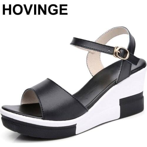 HOVINGEWomens platform sandals, genuine leather shoes, white flat shoes, high heels, summer platform E147