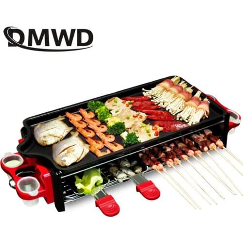 DMWD Electric Grill pan Indoor Barbecue plate Family BBQ Grill Stainless Steel Oven Non-stick Surface Ribbed Grill Style 1200w