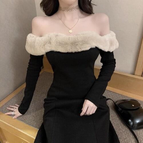 Elegant Retro Dress Female Long-sleeved Sexy Fur Collar Evening Black Dress Female One-piece Skirt Korean Version Spring Chic