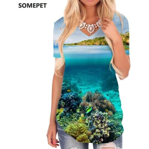 SOMEPET Ocean T-shirt women Coral T-shirts 3d Fish Tshirts Printed Sail V-neck Tshirt Womens Clothing Fashion Casual Tops New