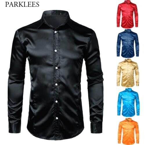 Mens Shinny Silk Like Satin Luxury Dress Shirts 2019 Brand New Men Wedding Prom Tuxedo Male Casual Shirt Camisa Masculina Black