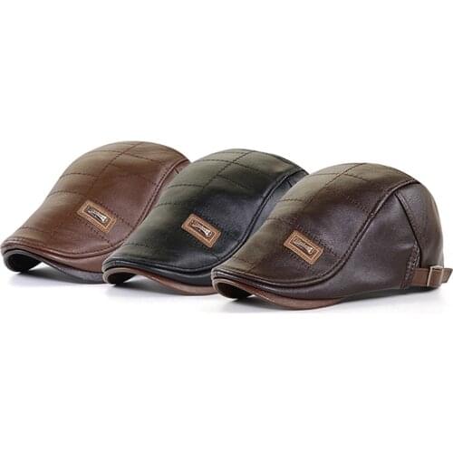 Men Beret Hat Leather Flat Cap Warm Autumn Winter Male Adjustable High Quality Mens Retro Beret Caps