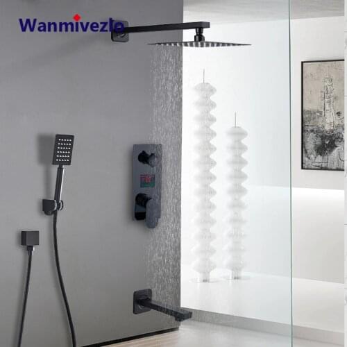 Matte Black Concealed Shower Faucet Set Digital Display System Faucet Rainfall Shower Head Rotate/Waterfall Bath Spout Mixer Tap