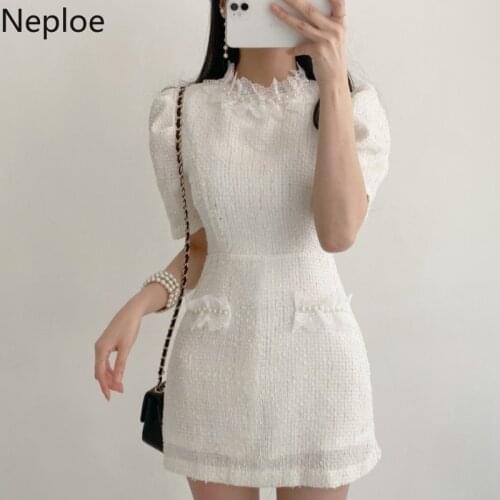 Neploe 2021 Dresses for Women Sweet Pearl Beading Lace Vestidos Stand Neck Puff Sleeve Robe Slim Temperament Mini Dress 95230