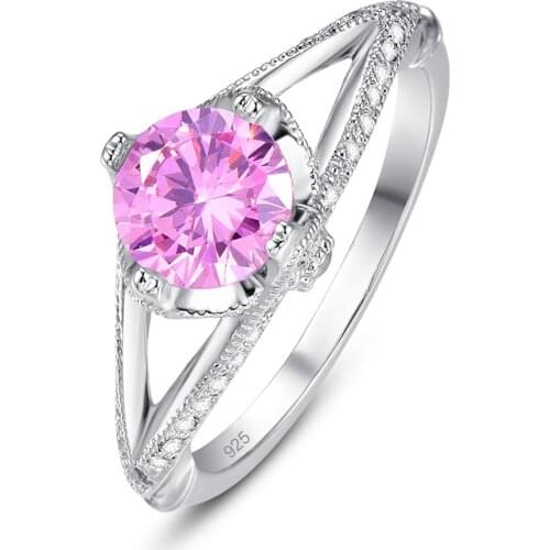 Lingmei Engagement Saucy Bride New Simple Pretty Round Cut Pink White Zircon Silver Color WeddingRing Size 6-9 Ladies