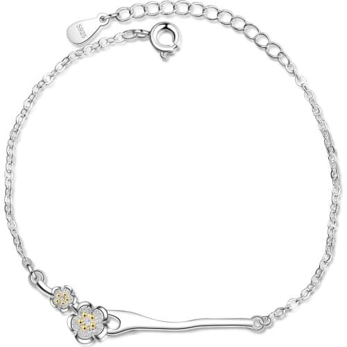 Charming Female Flower Art Bracelet Silver Color Stackable Peach Cherry Blossom Branch Bracelet for Women Chain Jewelry