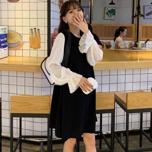 3001# Autumn Korean Fashion Maternity Dress Chic Ins Patchwork Loose Clothes for Pregnant Women Sweet Lovely Pregnancy Dress