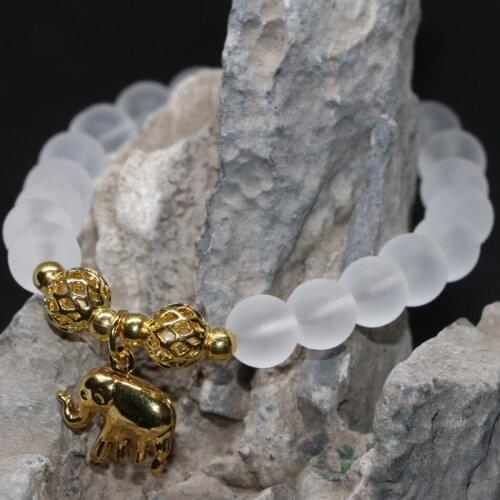 Gold-color elephant pendanthot sale jewelry making for women bracelet frosted matte white crystal 8mm round beads 7.5inch B2158