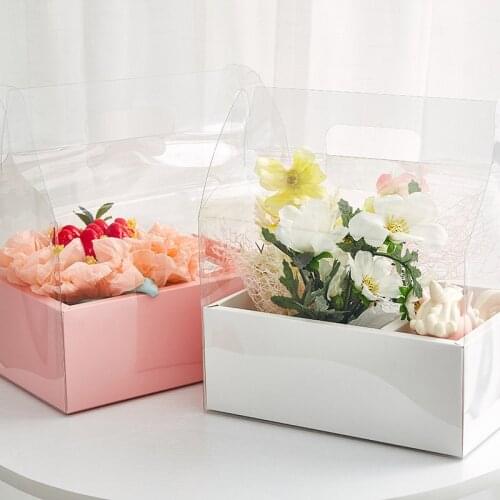 Transparent Gift Box Square Pink White Cardboard PVC Foldable Flowers Boxes Modern Popular Luxury Bridesmaid Gift Packaging Bag