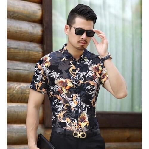 See Through Mens Silk Dress Transparent Fly Horse Floral Print Sexy Summer Thin Slim Casual Short Sleeve Velour Shirts