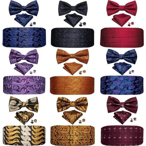 Luxury Gold Mens Cummerbund Silver Bow Tie Set Paisley Floral Cummerbund Adjustable Waist Belt for Wedding Barry.Wang YF-1022