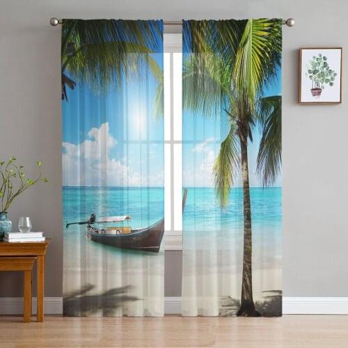 Beach Coconut Tree Boat Window Treatment Tulle Modern Sheer Curtains for Kitchen Living Room the Bedroom Curtains Decoration