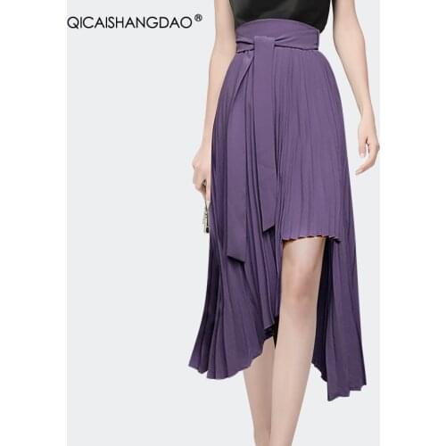 Fashion Womens Purple High Waist Pleated Skirt Irregular Mid-Length Belt Lace-Up Slim Summer A-Line Skirts
