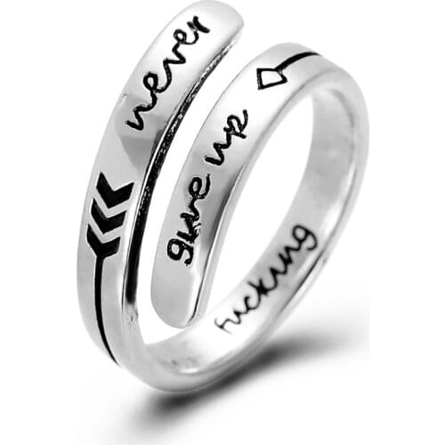 Yungqi Retro Wide Fashion Engrave Letter Never Give Up Rings For Womens Temperament Arrow Rings Valentines Day Gift Jewelry