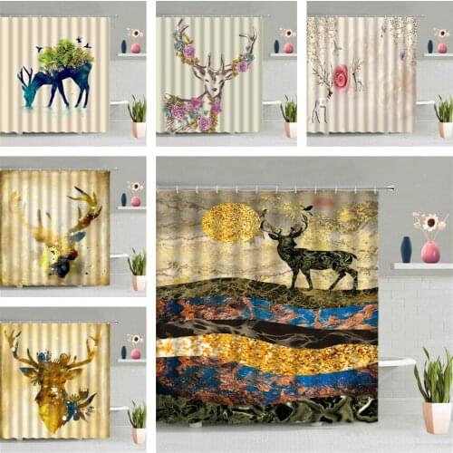 Deer Animal Shower Curtain Nordic Modern Sika Deer Flower Bird Geometry Marbling Bath Screen Waterproof Hanging Curtains Decor
