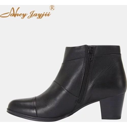 Genuine Leather Cow Leather Women Adult Lady Boots Black Solid Ankle Round Toe High Square heels Mature Concise Nancyjayjii 2019