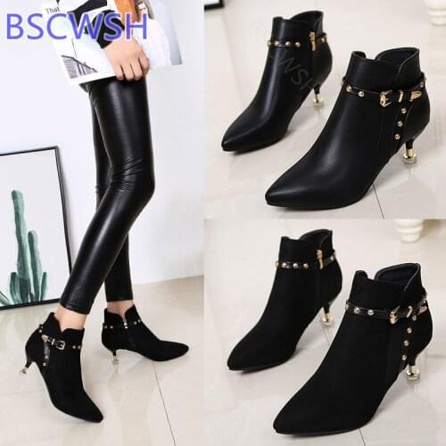 2020 Stiletto Pointed Toe Short Boots Women Autumn And Winter Korean Style Rivet Ankle Boots Leather Booties Shoes