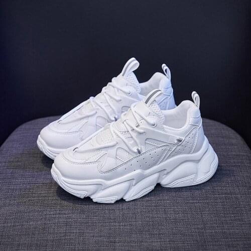 Spring Black Platform Sneakers Women Shoes Korean White Chunky Sneakers Leather Breathable Lace Up Thick Sole Casual Shoes Woman