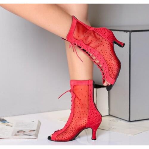 Women Latin Dance Shoes Cuba Sneaker Salsa Soft Bottom Rhinestones High Heels Red Black Lace-Up Boots For Ladies Girls L443