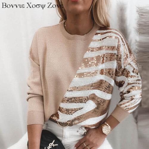 Women Autumn Colorblock Sequins Casual Long Sleeve Sweater