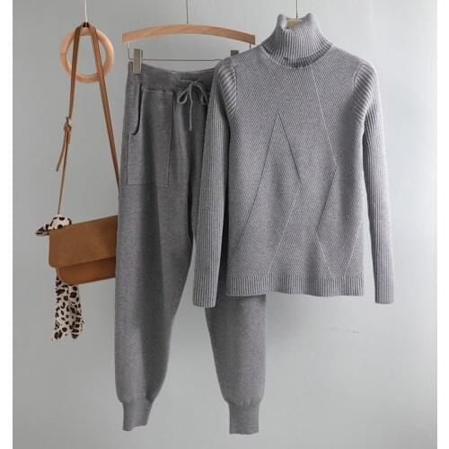 Turtleneck sweater 2 Pieces Set 2020 women chic Knitted Pullover top + Sweater pants Jumper Tops+ trousers sweater suits