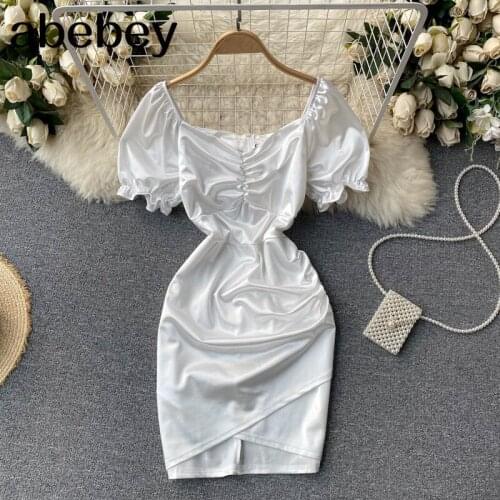 Women Korean Mini Dress Sexy Ruched Square Collar Puff Sleeve Solid Slim Party Dresses Summer Fashion Streetwear Short Dress