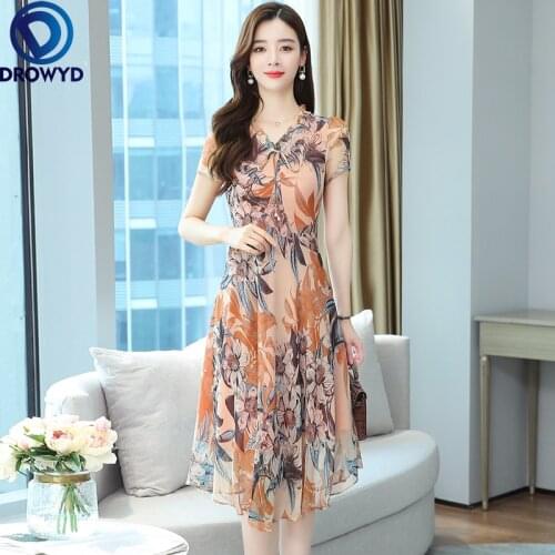 2021 Summer Floral Chiffon Pullover Ladies Dress Korean Style Hedging High Waist V-neck Orange Printing A-line Dress for Womens