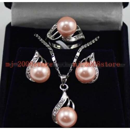 10mm Pink South sea Shell Pearl Earrings Ring & Necklace Pendant Set AAA Grade