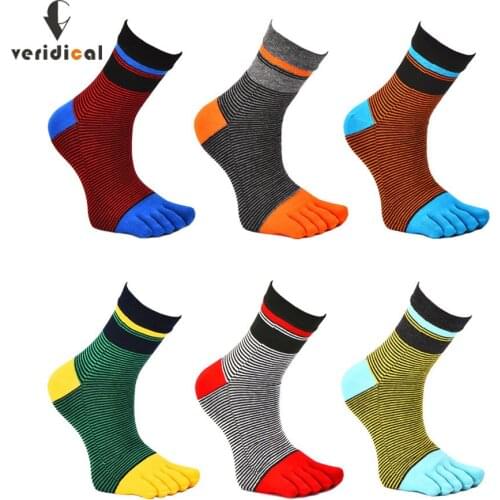 5 Pairs/Lot Five Finger Socks For Man Combed Cotton Striped Colorful Breathable Sweat Deodorant Antibacterial Socks With Toes