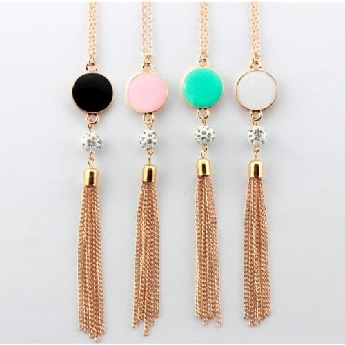 9 Colors Option Long Chain Enamel Disc Crystals Ball Tassel Pendant Necklaces for Women Trendy Monogram Jewelry