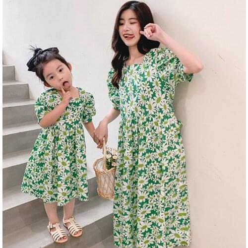 Floral Print Mother Duaghter Dresses Short Sleeve Long Dress Adult Mom Baby Girls Dresses for Family Matching Clothing Cotton