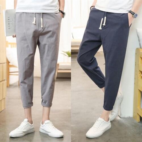 Two) Mens nine-point pants summer Korean trend loose casual pants feet cotton and linen harem pants mens pants