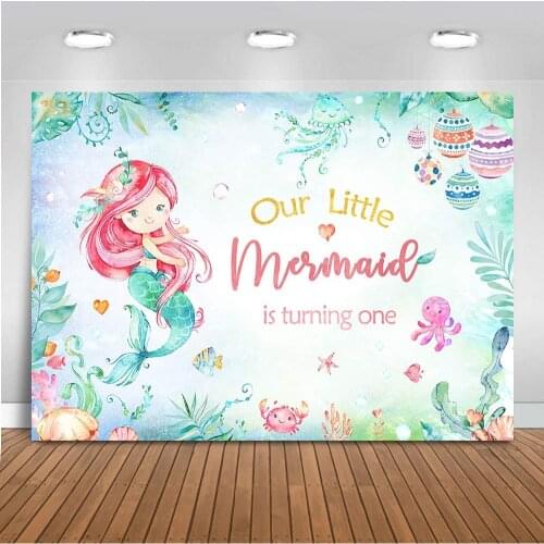 Mermaid 1st Birthday Backdrop Watercolor Mermaid Birthday Photography Background 7x5ft Vinyl Under The Sea Birthday Banner