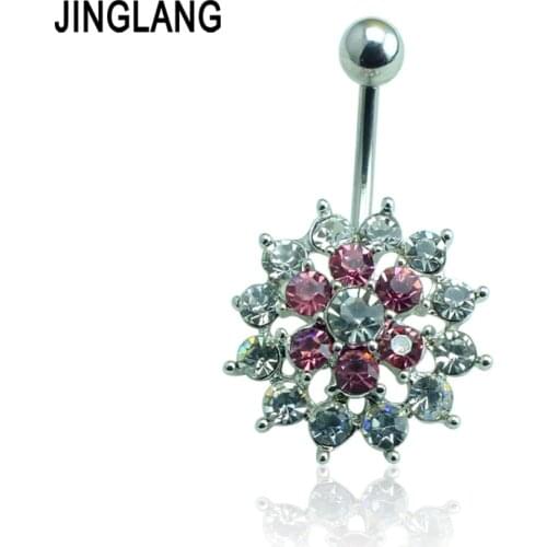 JINGLANG Body Piercing Fashion Belly Button Rings Stainless Steel Barbell White Rhinestone Pierced Flower Navel Rings Jewelry