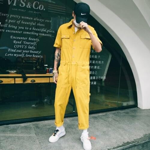 New Fashion Jumpsuit Men Rompers One Piece Overalls Mens Short Sleeve Casual Punk Rock Denim Pants Male Clothing Plus Size