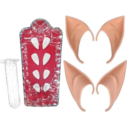 Halloween Vampire Teeth Elf Ears Set Horror Vampire Party Cosplay Vampire Fangs Elf Ears Halloween DIY Decorations Props