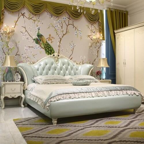 European style bed solid wood double bed master bedroom 1.5m1.8m wedding bed French cattle leather carved princess bed furniture