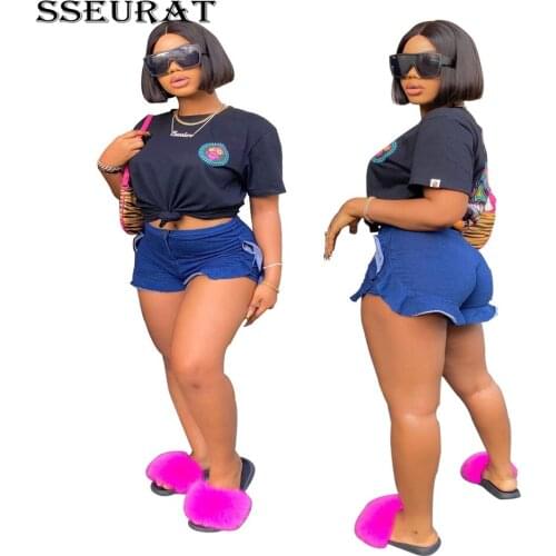SSEURAT Summer Women Mid Waist Denim Shorts Casual Blue Streetwear Vintage Flounced Short Jeans Female