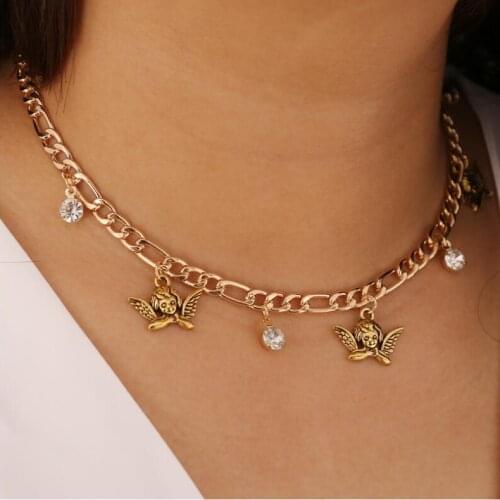Cute Angel Metal Vintage Necklace Women Jewelry CZ Circle Retro Angel Baby Clavicle Chain Choker Necklace Babygirl Best Friends