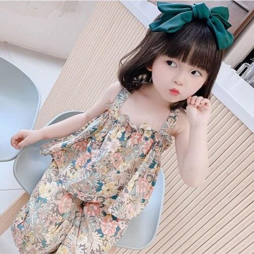 Cute Baby Girls Floral Print Vest+Pants 2Pcs Set 2021 Summer Kids Ruffles Tank Tops Loose Trousers Casual Children Clothing Suit