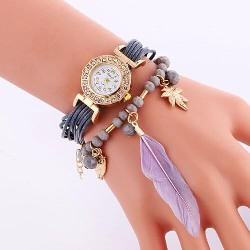 Fashion Fulaida Ethnic DIY Big Feather Pattern Women Dress Watches Weave Montre Femme Gold Owl Pendant Rhinestone Wristwatch