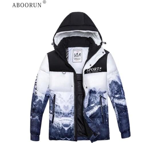 ABOORUN Mens Winter Snow Mountain Printed Jacket Fashion Down Cotton Hooded Coat Plus Size 4XL Casual Warm Parka for Male