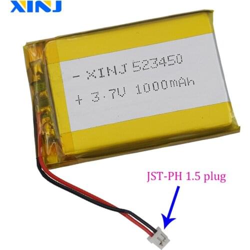 XINJ 523450 3.7V 1000mAh Lithium Polymer Rechargeable Li-Po Battery 2pin JST 1.5mm For Game player DVD GPS E-book PDA car Camera