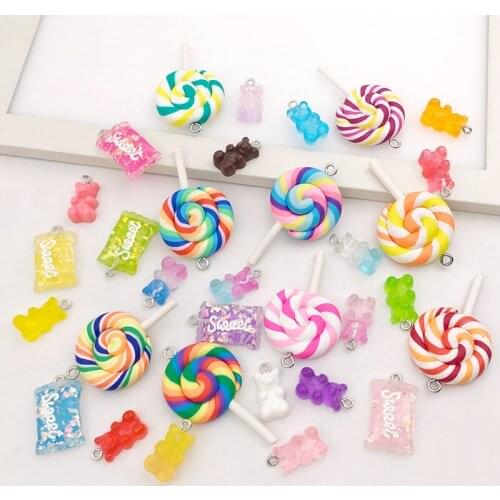 32pcs Mixed Hanging Ring Resin Bear/candy Polymer clay Lollipop Pendants Key Chain DIY Craft Materials Arts Jewelry Accessories