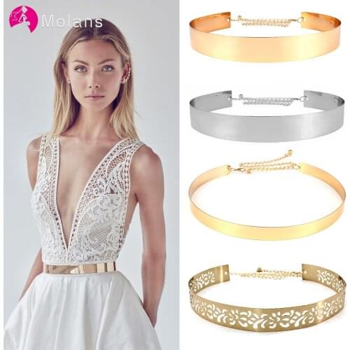 Molans Golden Silver Bridal Belt Wedding Elastic Strap Bridal Belt Metal Strap Wedding Dress Accessories for Women Girls Girdle