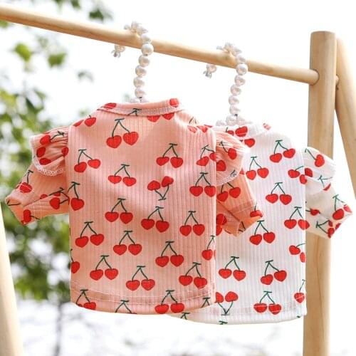 Pink White Cotton Pet Clothes Warm Hoodies Tshirt Cherry Pattern O-neck Lace Short Sleeve Sweater Sweatshirt For Small Dogs